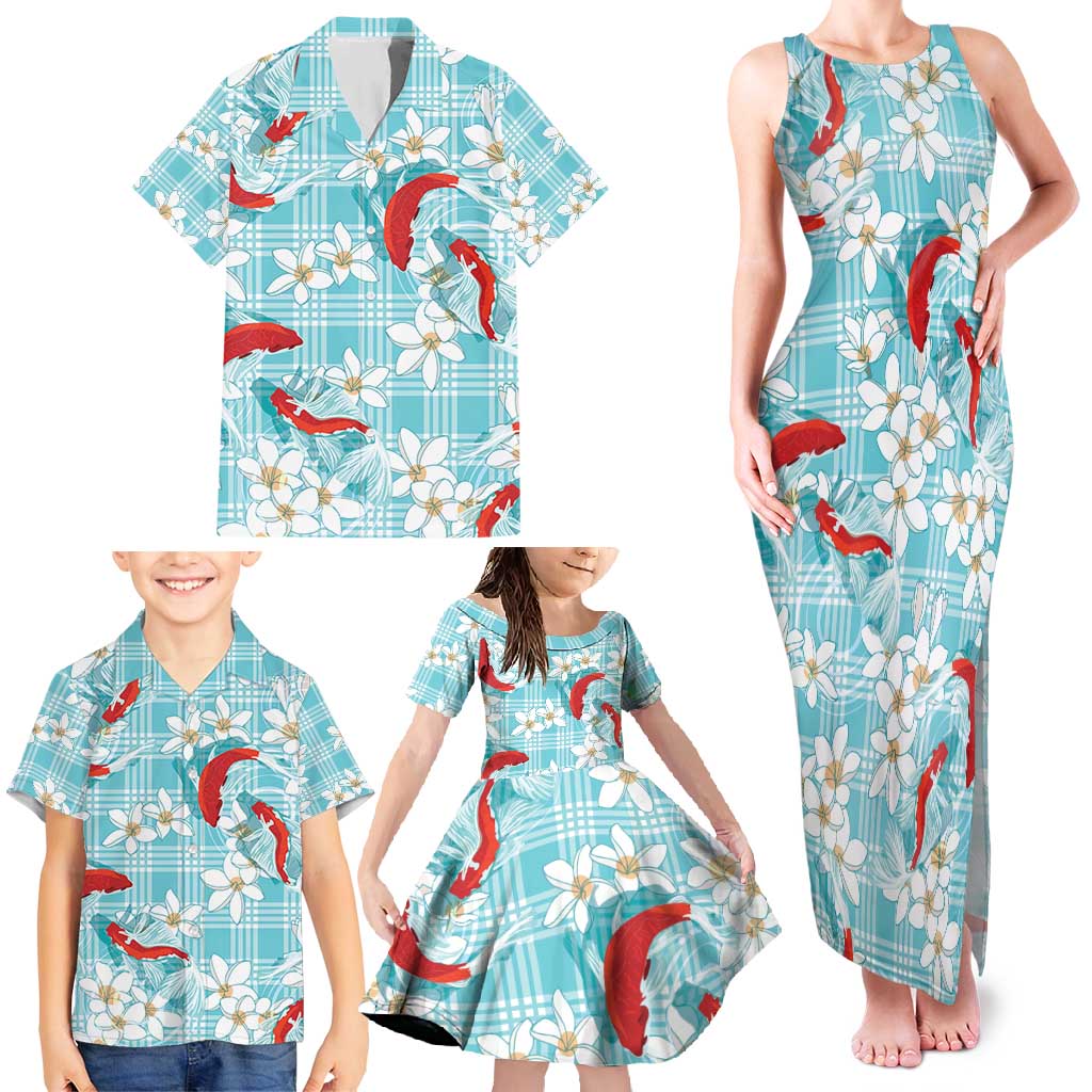 Turquoise Palaka Hawaii Aloha Family Matching Tank Maxi Dress and Hawaiian Shirt Koi Pond Mix Plumeria - Polynesian Pride