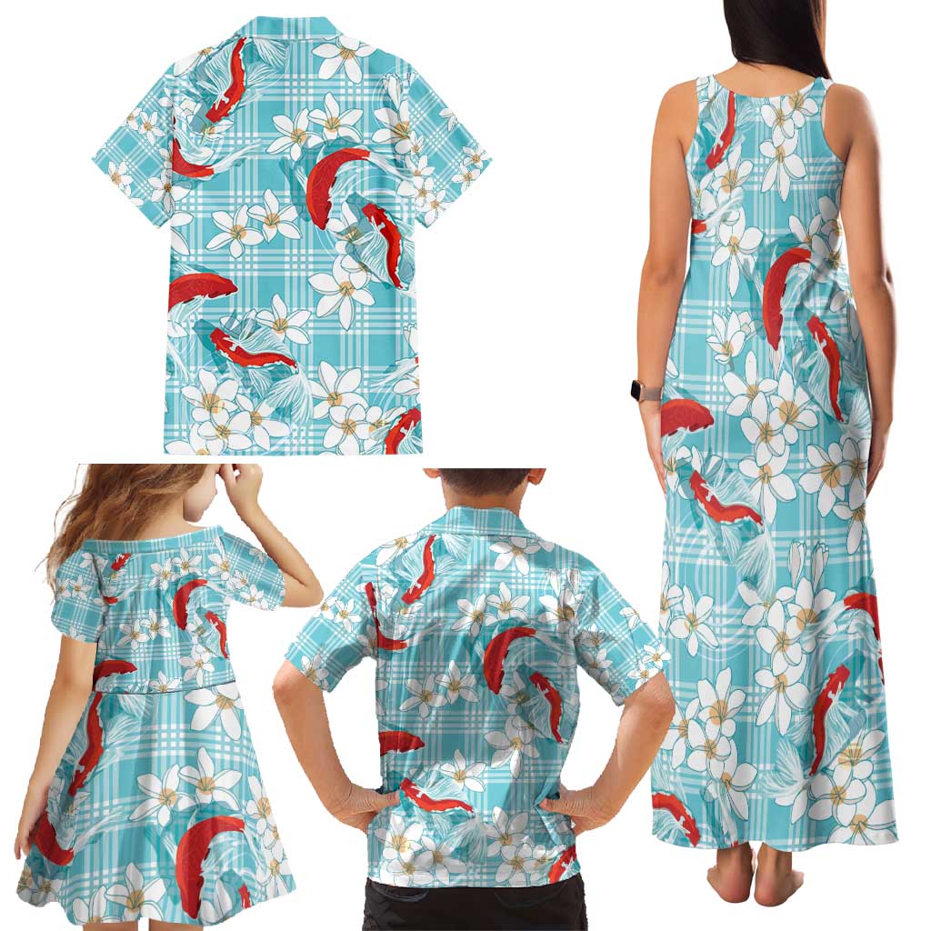 Turquoise Palaka Hawaii Aloha Family Matching Tank Maxi Dress and Hawaiian Shirt Koi Pond Mix Plumeria - Polynesian Pride