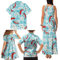 Turquoise Palaka Hawaii Aloha Family Matching Tank Maxi Dress and Hawaiian Shirt Koi Pond Mix Plumeria - Polynesian Pride