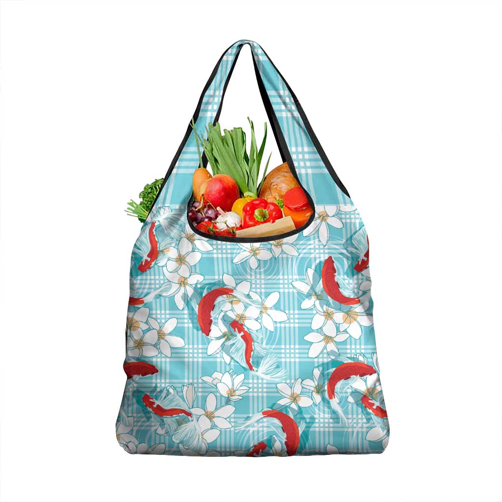 Turquoise Palaka Hawaii Aloha Grocery Bag Koi Pond Mix Plumeria - Polynesian Pride