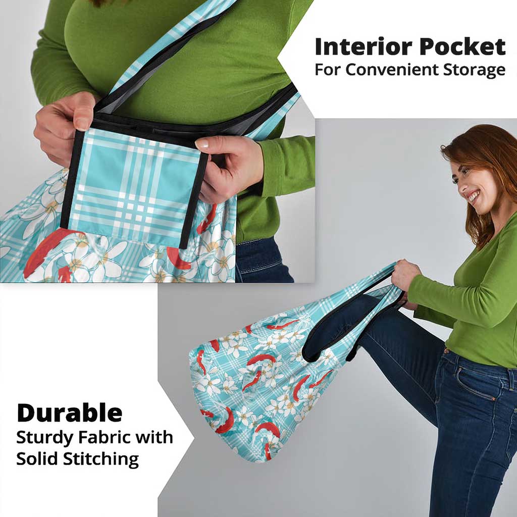 Turquoise Palaka Hawaii Aloha Grocery Bag Koi Pond Mix Plumeria - Polynesian Pride