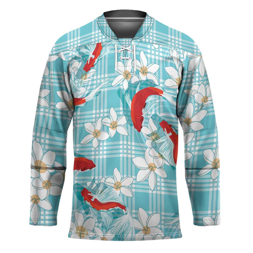 Turquoise Palaka Hawaii Aloha Hockey Jersey Koi Pond Mix Plumeria - Polynesian Pride