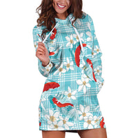 Turquoise Palaka Hawaii Aloha Hoodie Dress Koi Pond Mix Plumeria - Polynesian Pride
