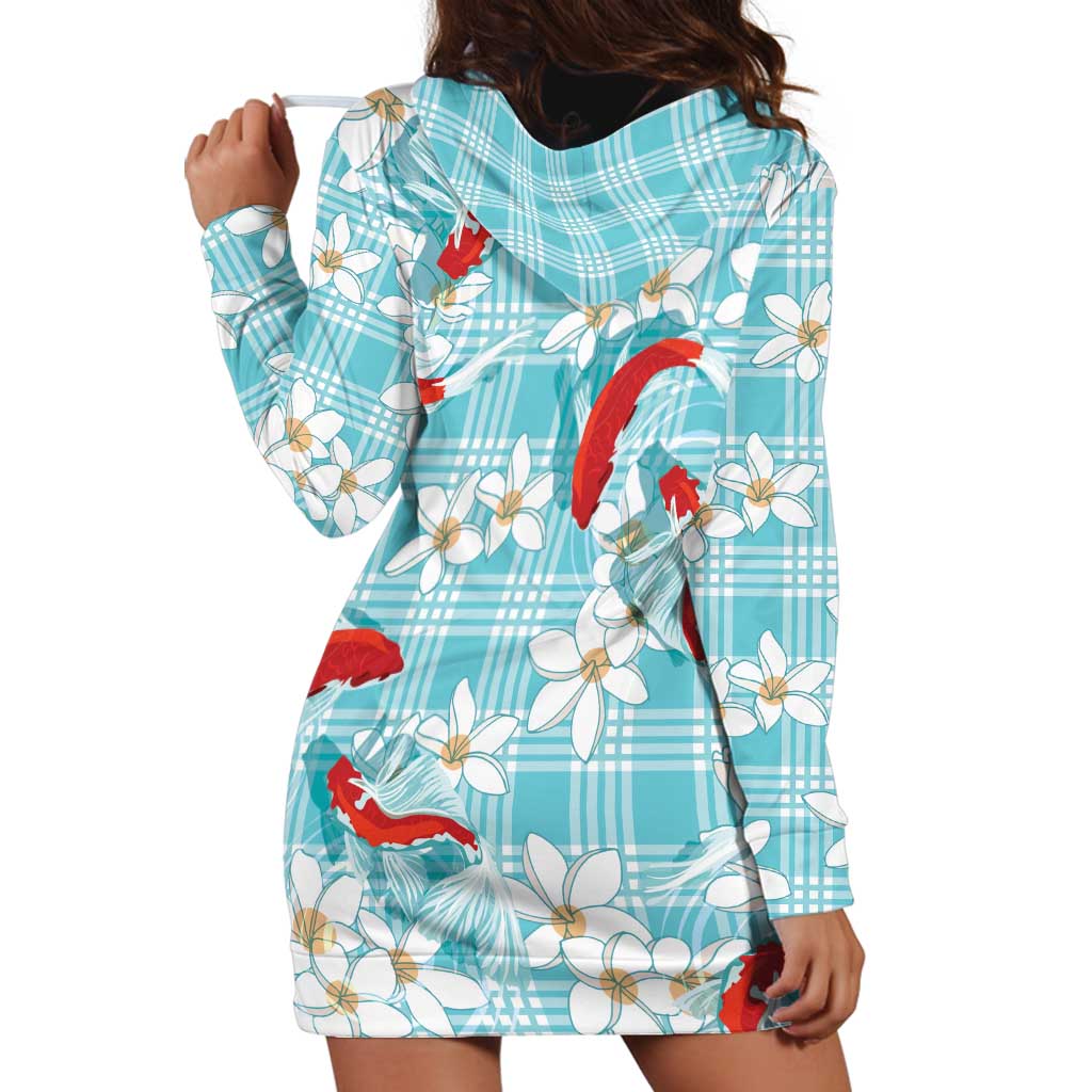 Turquoise Palaka Hawaii Aloha Hoodie Dress Koi Pond Mix Plumeria - Polynesian Pride