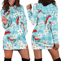 Turquoise Palaka Hawaii Aloha Hoodie Dress Koi Pond Mix Plumeria - Polynesian Pride