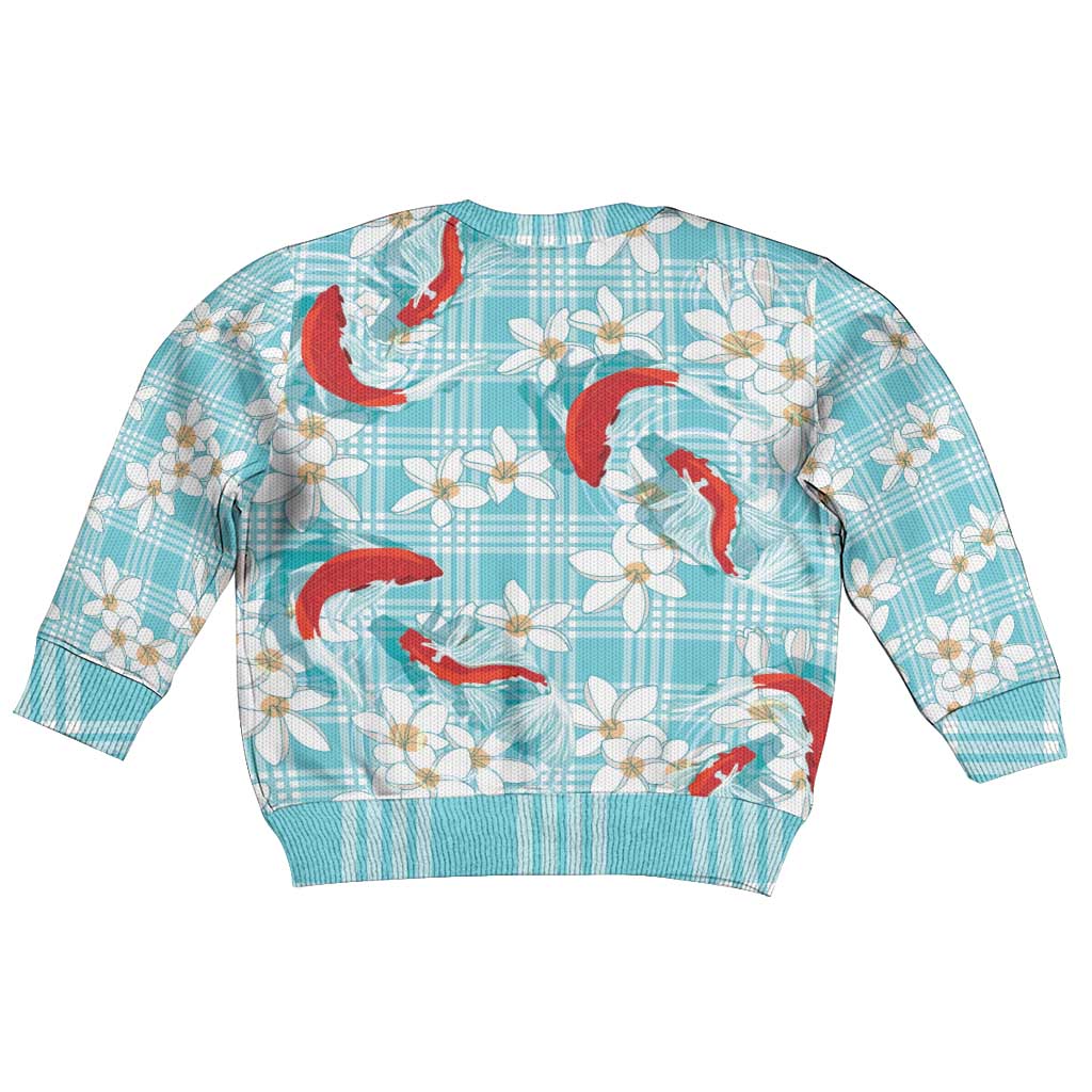 Turquoise Palaka Hawaii Aloha Kid Ugly Christmas Sweater Koi Pond Mix Plumeria - Polynesian Pride