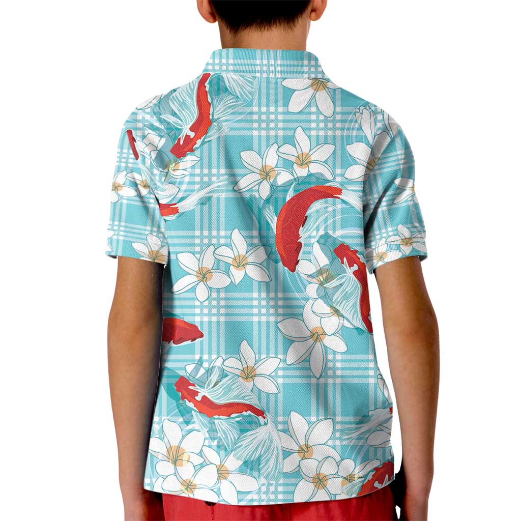 Turquoise Palaka Hawaii Aloha Kid Polo Shirt Koi Pond Mix Plumeria - Polynesian Pride