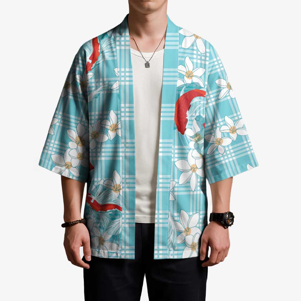 Turquoise Palaka Hawaii Aloha Kimono Koi Pond Mix Plumeria - Polynesian Pride