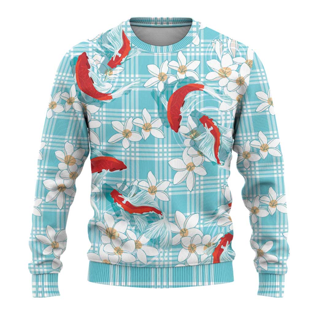 Turquoise Palaka Hawaii Aloha Ugly Christmas Sweater Koi Pond Mix Plumeria - Polynesian Pride