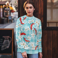Turquoise Palaka Hawaii Aloha Ugly Christmas Sweater Koi Pond Mix Plumeria - Polynesian Pride