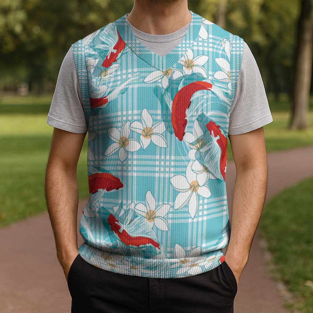 Turquoise Palaka Hawaii Aloha Christmas Knitted V-Neck Vest Koi Pond Mix Plumeria - Polynesian Pride