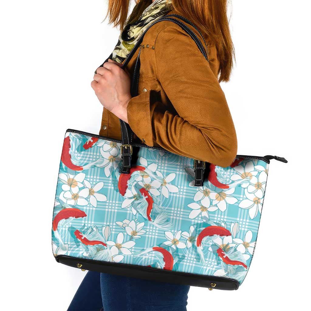 Turquoise Palaka Hawaii Aloha Leather Tote Bag Koi Pond Mix Plumeria - Polynesian Pride