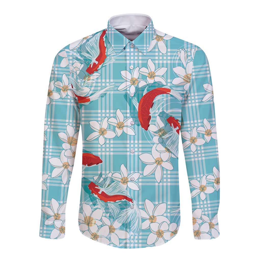 Turquoise Palaka Hawaii Aloha Long Sleeve Button Shirt Koi Pond Mix Plumeria - Polynesian Pride