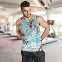 Turquoise Palaka Hawaii Aloha Men Tank Top Koi Pond Mix Plumeria - Polynesian Pride