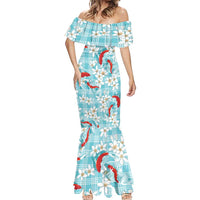 Turquoise Palaka Hawaii Aloha Mermaid Dress Koi Pond Mix Plumeria - Polynesian Pride