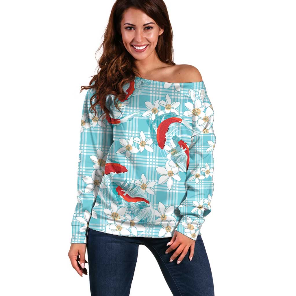 Turquoise Palaka Hawaii Aloha Off Shoulder Sweater Koi Pond Mix Plumeria - Polynesian Pride