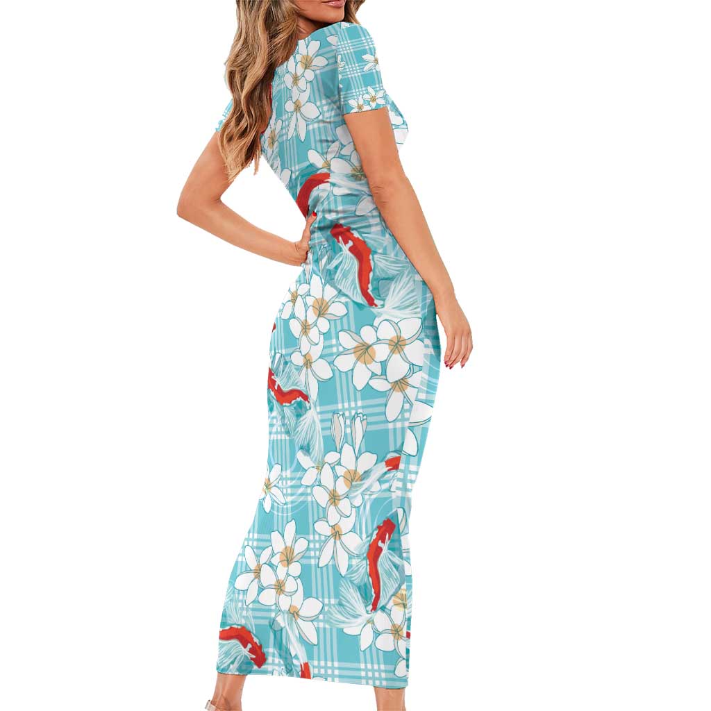 Turquoise Palaka Hawaii Aloha Short Sleeve Bodycon Dress Koi Pond Mix Plumeria - Polynesian Pride