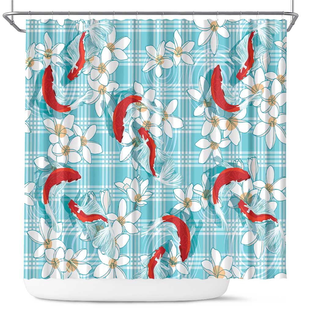 Turquoise Palaka Hawaii Aloha Shower Curtain Koi Pond Mix Plumeria - Polynesian Pride