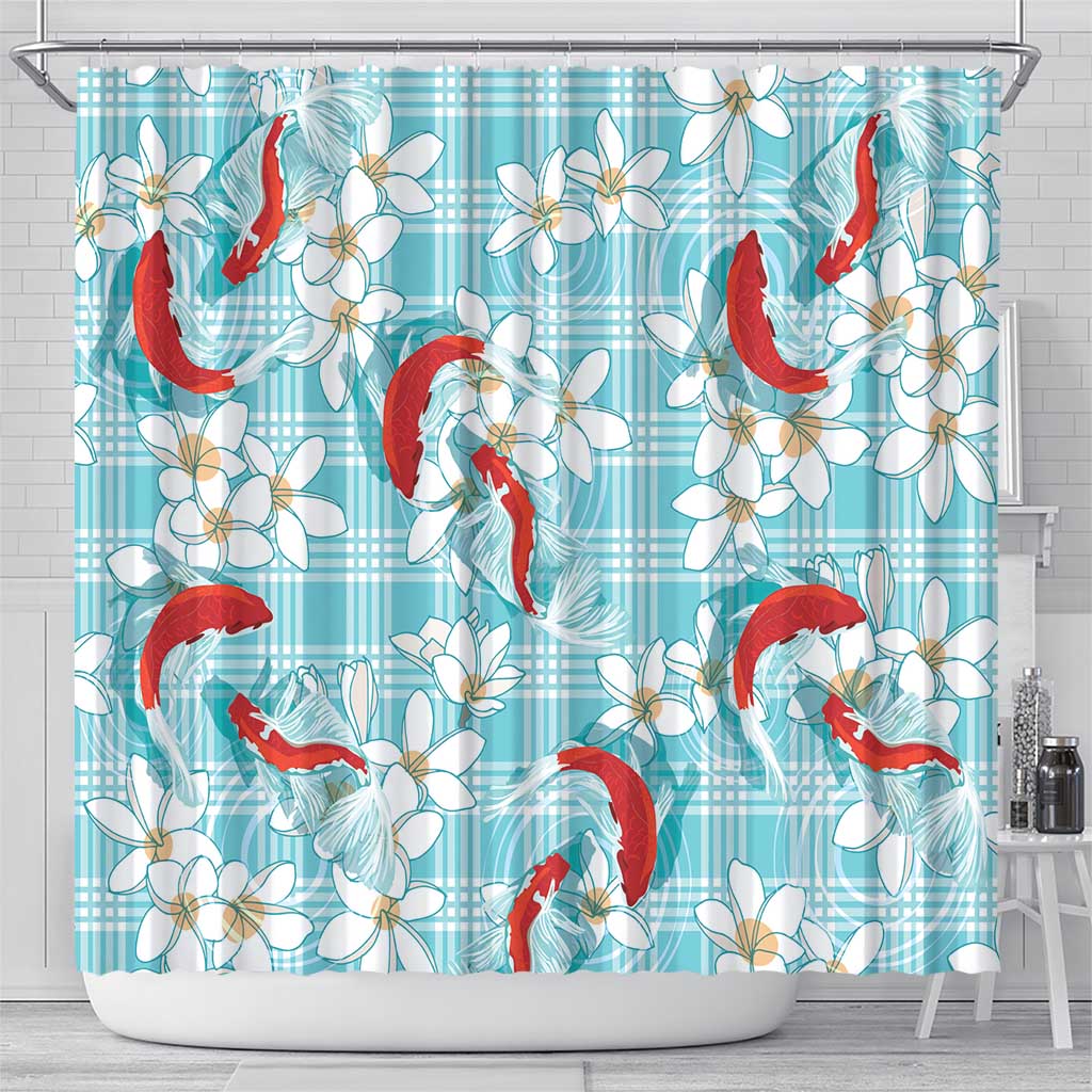 Turquoise Palaka Hawaii Aloha Shower Curtain Koi Pond Mix Plumeria - Polynesian Pride
