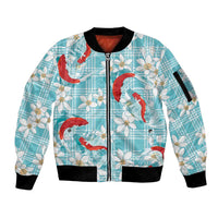Turquoise Palaka Hawaii Aloha Sleeve Zip Bomber Jacket Koi Pond Mix Plumeria - Polynesian Pride