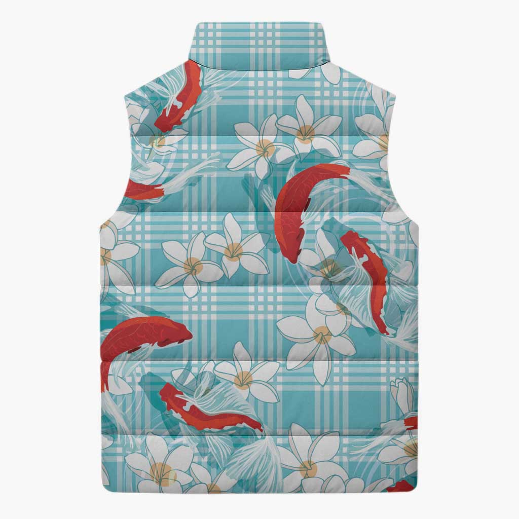 Turquoise Palaka Hawaii Aloha Sleeveless Puffer Jacket Koi Pond Mix Plumeria - Polynesian Pride