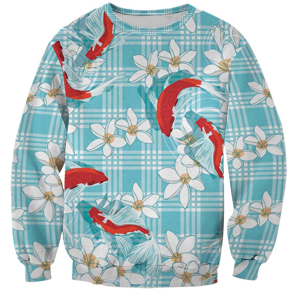 Turquoise Palaka Hawaii Aloha Sweatshirt Koi Pond Mix Plumeria - Polynesian Pride