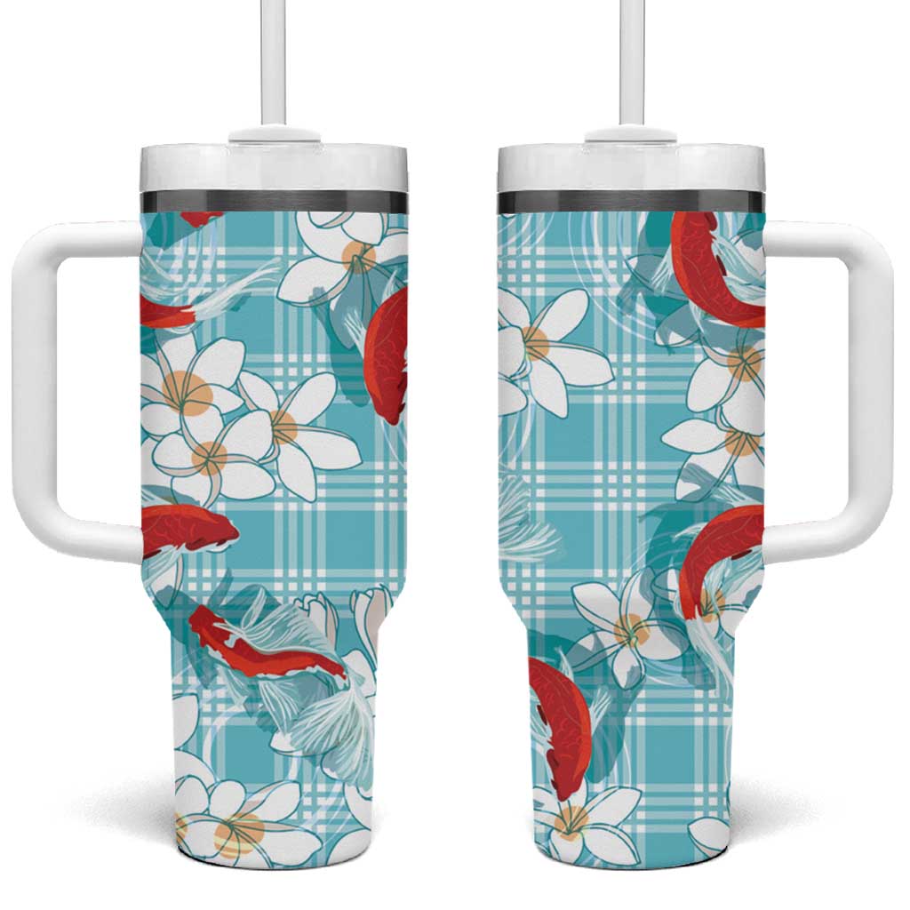 Turquoise Palaka Hawaii Aloha Tumbler With Handle Koi Pond Mix Plumeria - Polynesian Pride
