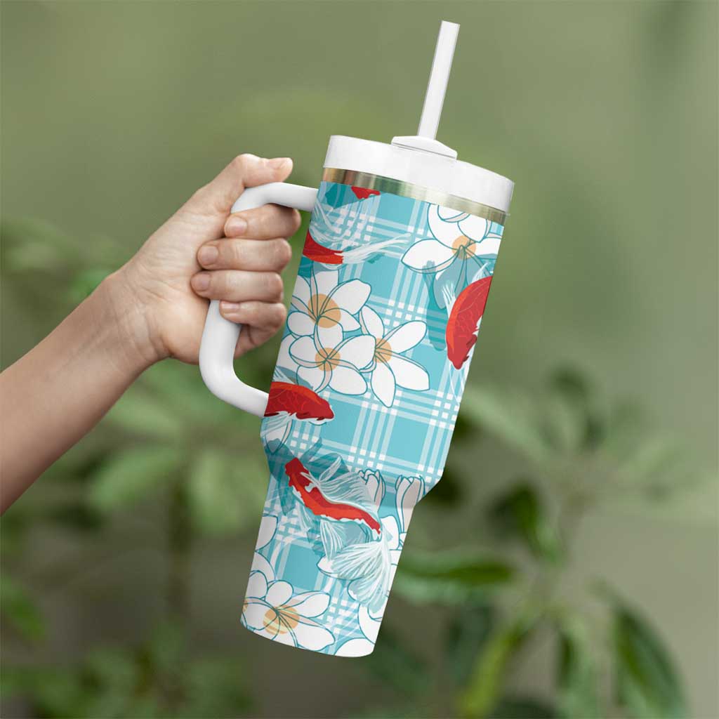 Turquoise Palaka Hawaii Aloha Tumbler With Handle Koi Pond Mix Plumeria - Polynesian Pride