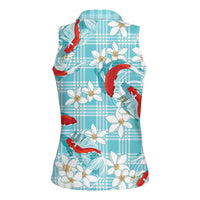 Turquoise Palaka Hawaii Aloha Women Sleeveless Polo Shirt Koi Pond Mix Plumeria - Polynesian Pride
