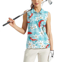 Turquoise Palaka Hawaii Aloha Women Sleeveless Polo Shirt Koi Pond Mix Plumeria - Polynesian Pride