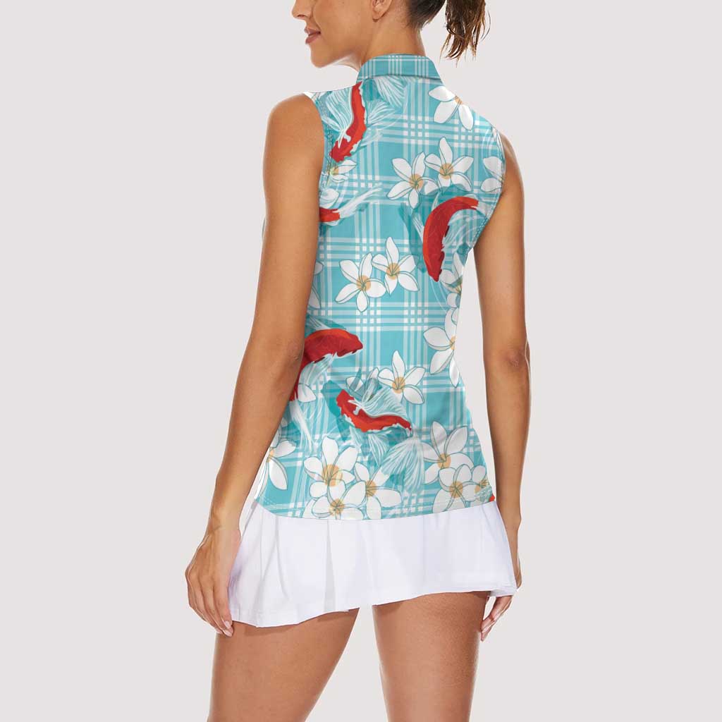 Turquoise Palaka Hawaii Aloha Women Sleeveless Polo Shirt Koi Pond Mix Plumeria - Polynesian Pride