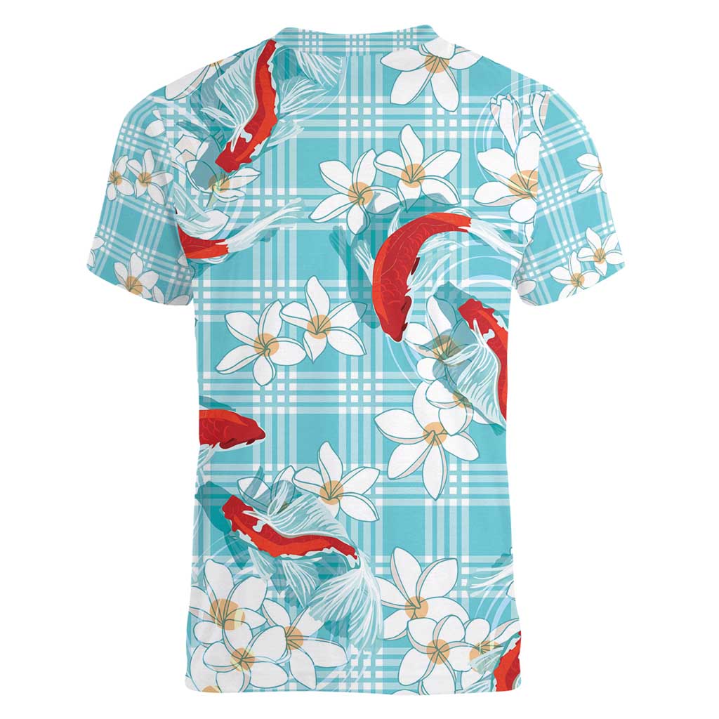 Turquoise Palaka Hawaii Aloha Women V-Neck T-Shirt Koi Pond Mix Plumeria - Polynesian Pride