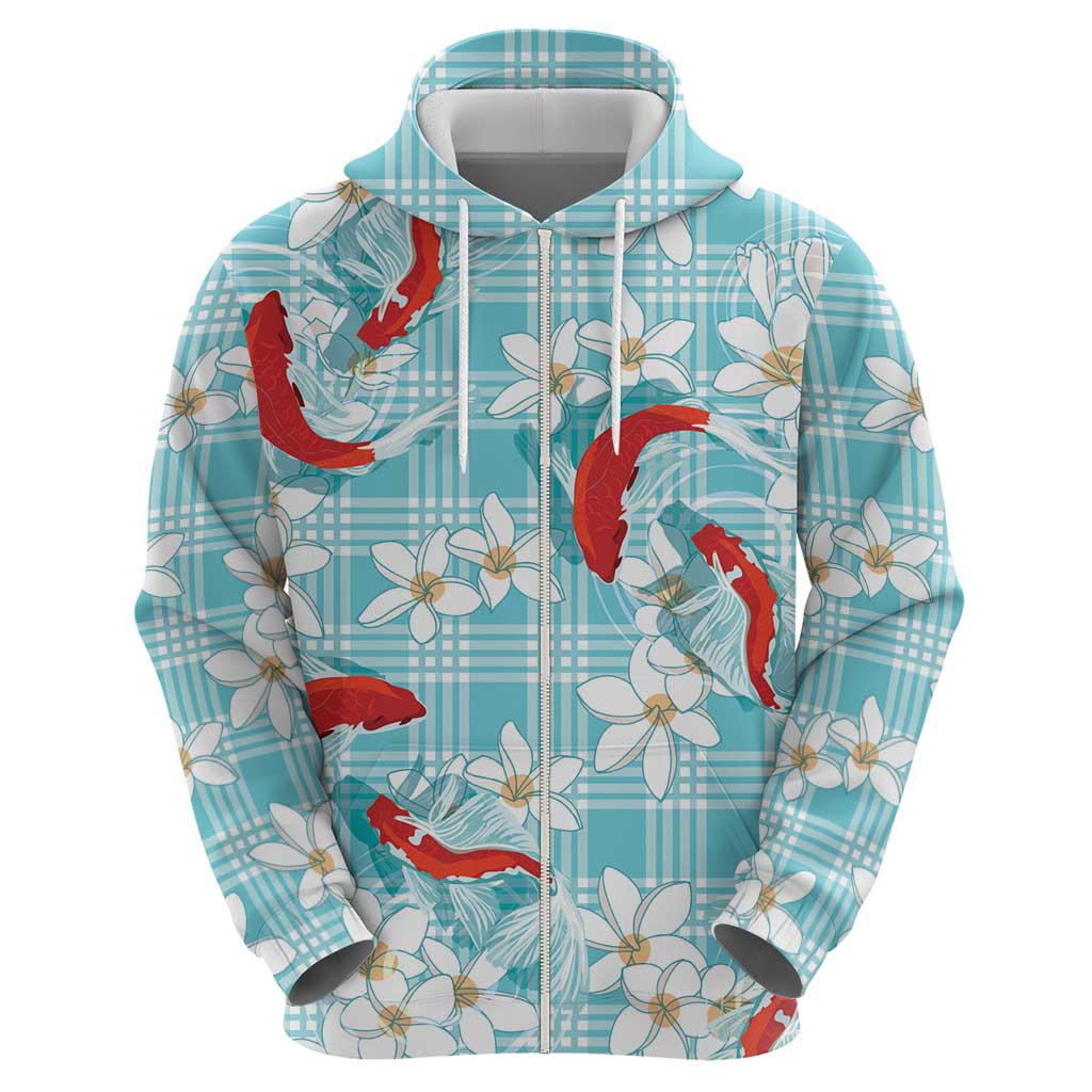 Turquoise Palaka Hawaii Aloha Zip Hoodie Koi Pond Mix Plumeria - Polynesian Pride