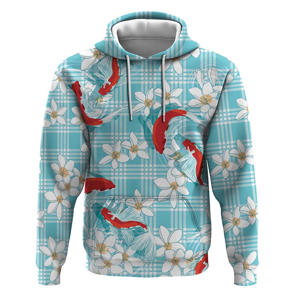 Turquoise Palaka Hawaii Aloha Zip Hoodie Koi Pond Mix Plumeria - Polynesian Pride