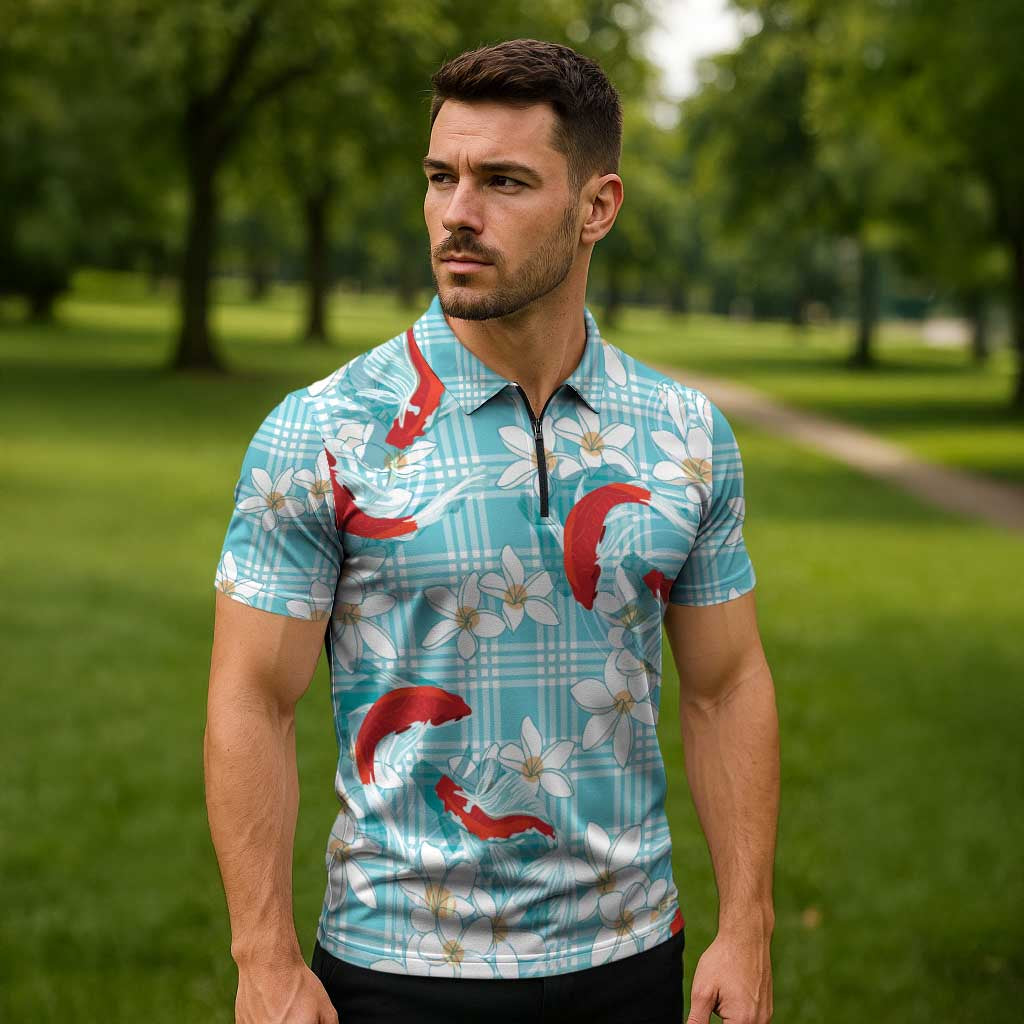 Turquoise Palaka Hawaii Aloha Zipper Polo Shirt Koi Pond Mix Plumeria - Polynesian Pride