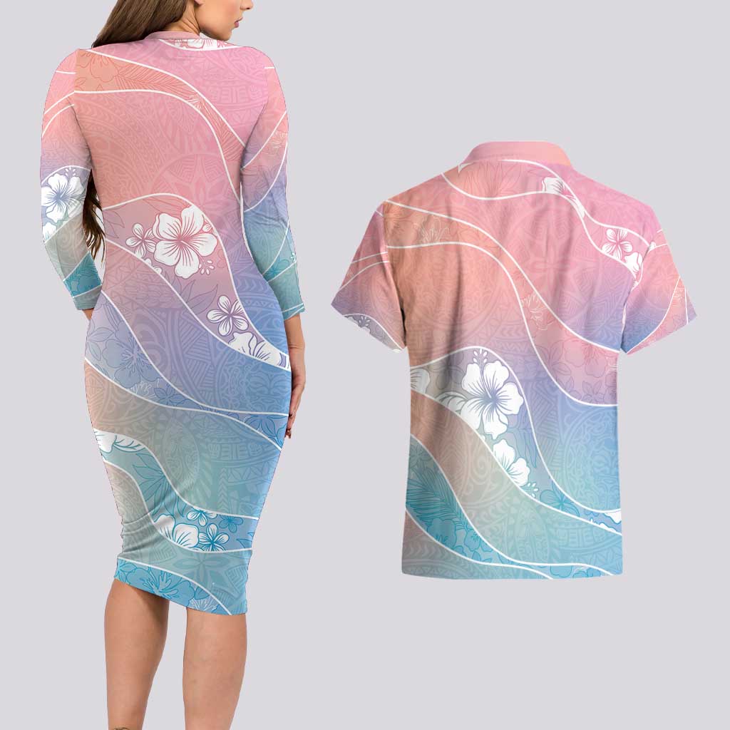 Aloha Hawaii Floral Tapa Couples Matching Long Sleeve Bodycon Dress and Hawaiian Shirt Patchwork Pastel Candy - Polynesian Pride