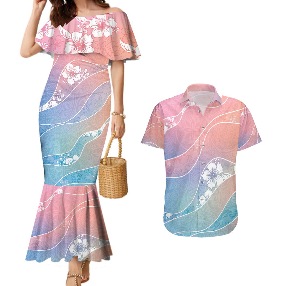 Aloha Hawaii Floral Tapa Couples Matching Mermaid Dress and Hawaiian Shirt Patchwork Pastel Candy - Polynesian Pride