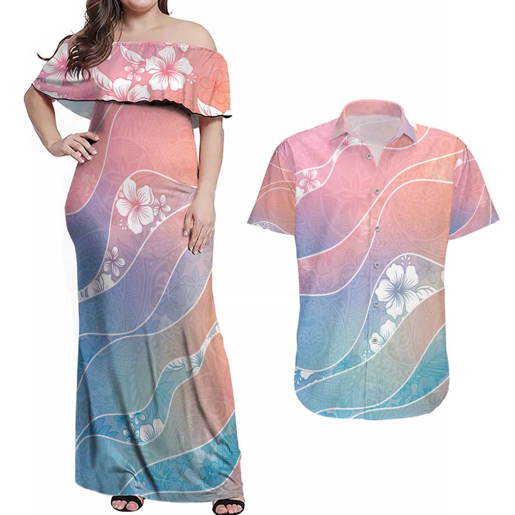 Aloha Hawaii Floral Tapa Couples Matching Off Shoulder Maxi Dress and Hawaiian Shirt Patchwork Pastel Candy - Polynesian Pride