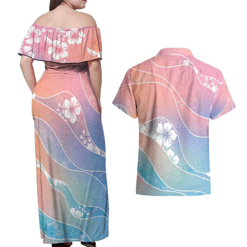 Aloha Hawaii Floral Tapa Couples Matching Off Shoulder Maxi Dress and Hawaiian Shirt Patchwork Pastel Candy - Polynesian Pride