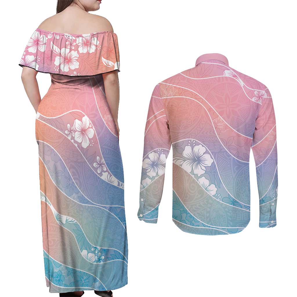 Aloha Hawaii Floral Tapa Couples Matching Off Shoulder Maxi Dress and Long Sleeve Button Shirt Patchwork Pastel Candy - Polynesian Pride