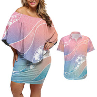 Aloha Hawaii Floral Tapa Couples Matching Off Shoulder Short Dress and Hawaiian Shirt Patchwork Pastel Candy - Polynesian Pride
