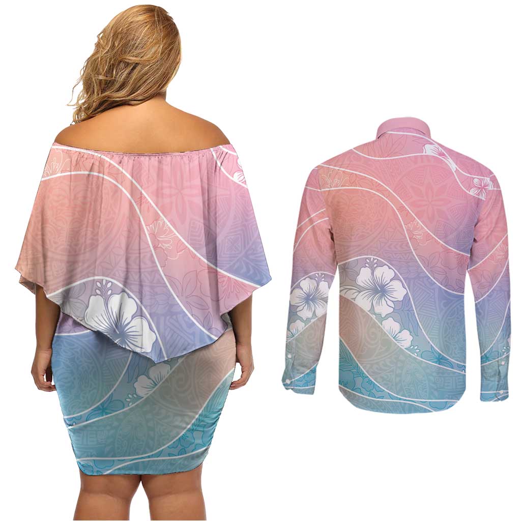 Aloha Hawaii Floral Tapa Couples Matching Off Shoulder Short Dress and Long Sleeve Button Shirt Patchwork Pastel Candy - Polynesian Pride