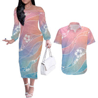 Aloha Hawaii Floral Tapa Couples Matching Off The Shoulder Long Sleeve Dress and Hawaiian Shirt Patchwork Pastel Candy - Polynesian Pride