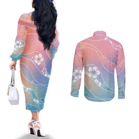 Aloha Hawaii Floral Tapa Couples Matching Off The Shoulder Long Sleeve Dress and Long Sleeve Button Shirt Patchwork Pastel Candy - Polynesian Pride
