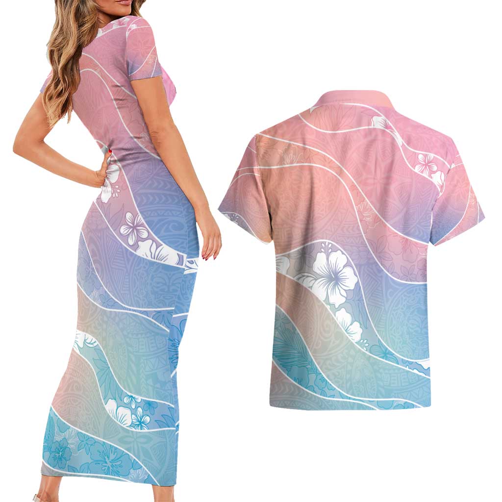 Aloha Hawaii Floral Tapa Couples Matching Short Sleeve Bodycon Dress and Hawaiian Shirt Patchwork Pastel Candy - Polynesian Pride