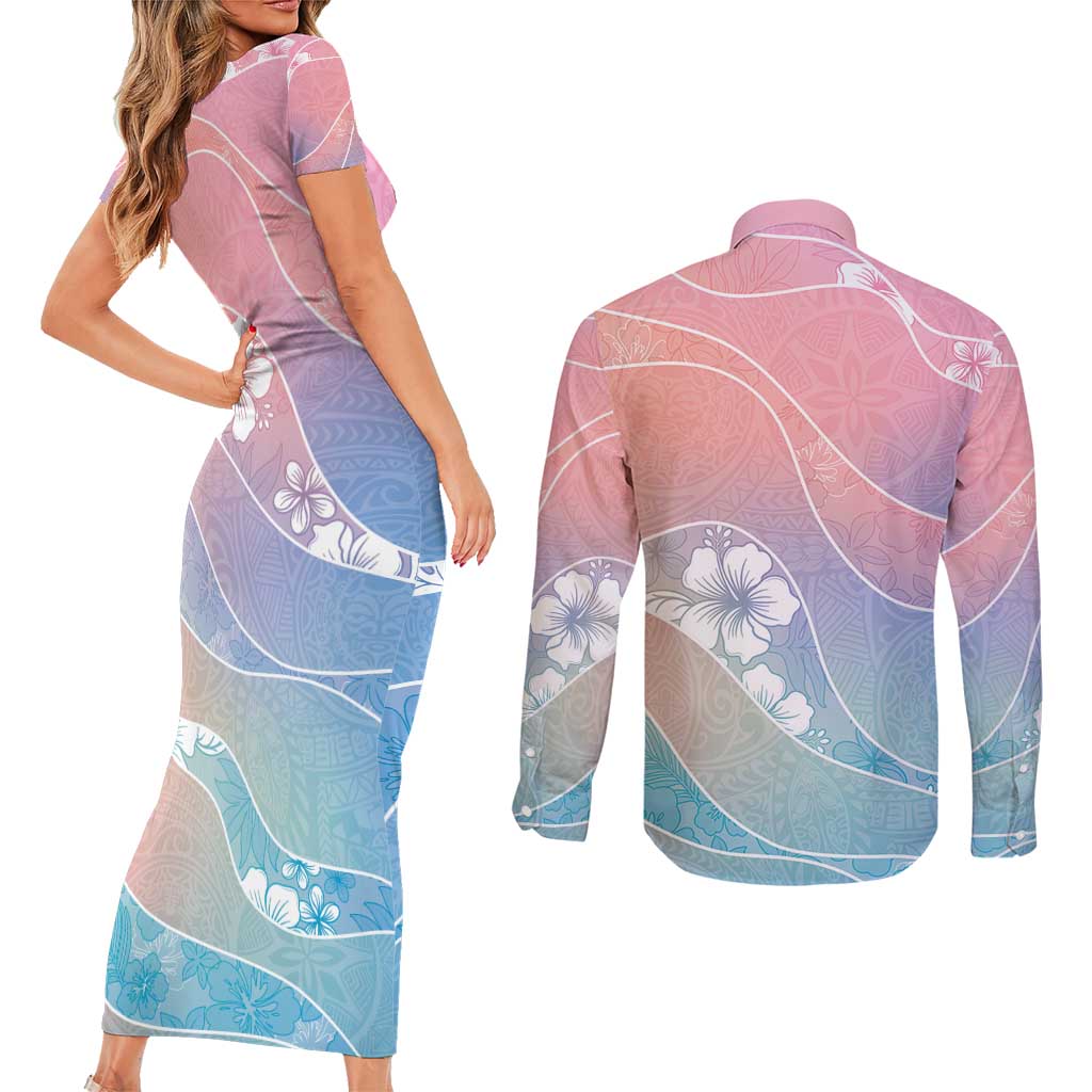 Aloha Hawaii Floral Tapa Couples Matching Short Sleeve Bodycon Dress and Long Sleeve Button Shirt Patchwork Pastel Candy - Polynesian Pride