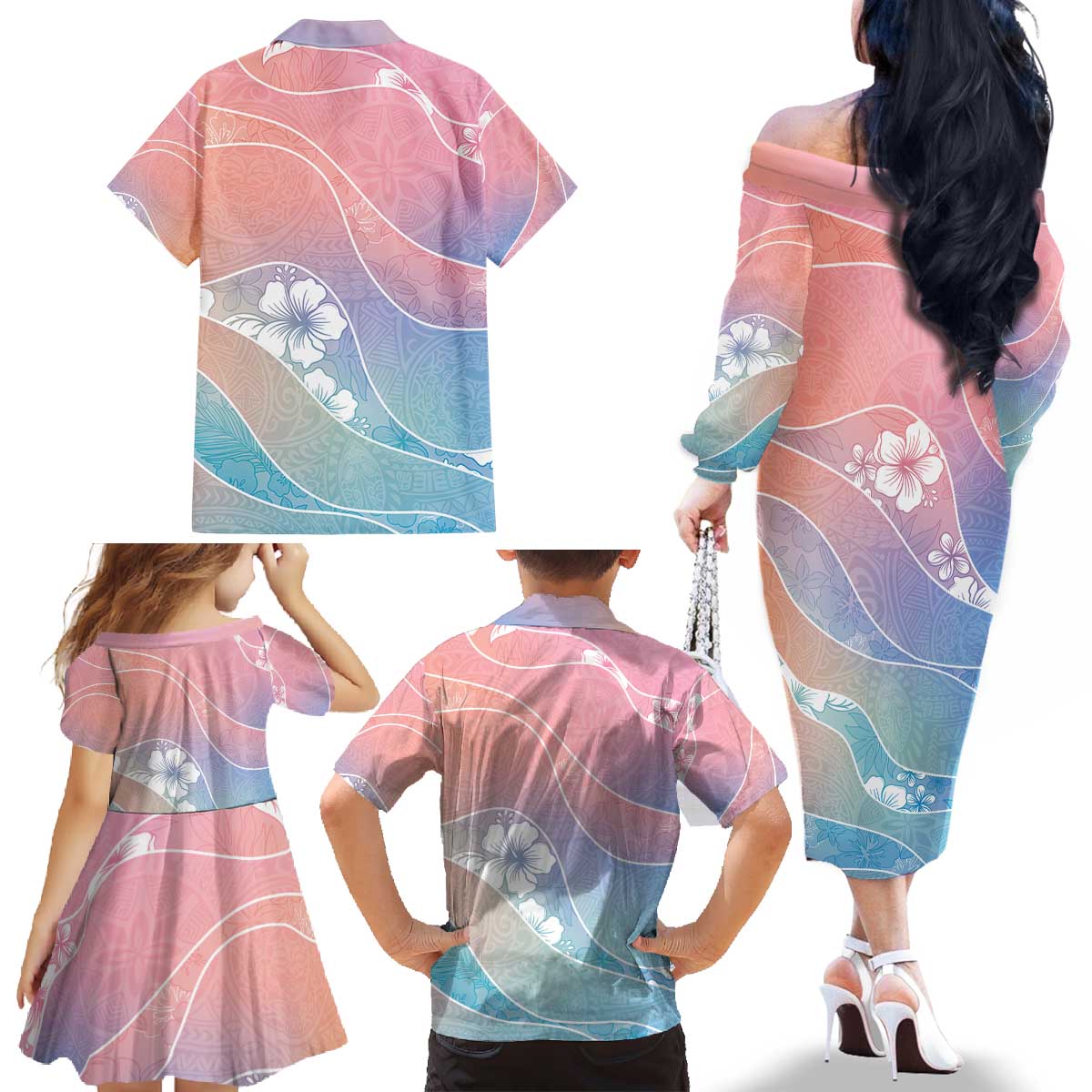 Aloha Hawaii Floral Tapa Family Matching Off The Shoulder Long Sleeve Dress and Hawaiian Shirt Patchwork Pastel Candy - Polynesian Pride