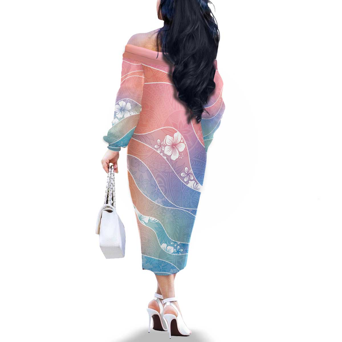 Aloha Hawaii Floral Tapa Family Matching Off The Shoulder Long Sleeve Dress and Hawaiian Shirt Patchwork Pastel Candy - Polynesian Pride