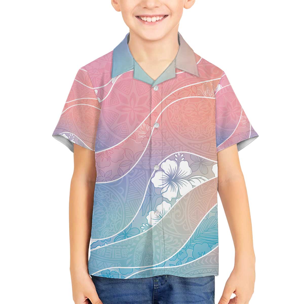 Aloha Hawaii Floral Tapa Family Matching Off The Shoulder Long Sleeve Dress and Hawaiian Shirt Patchwork Pastel Candy - Polynesian Pride