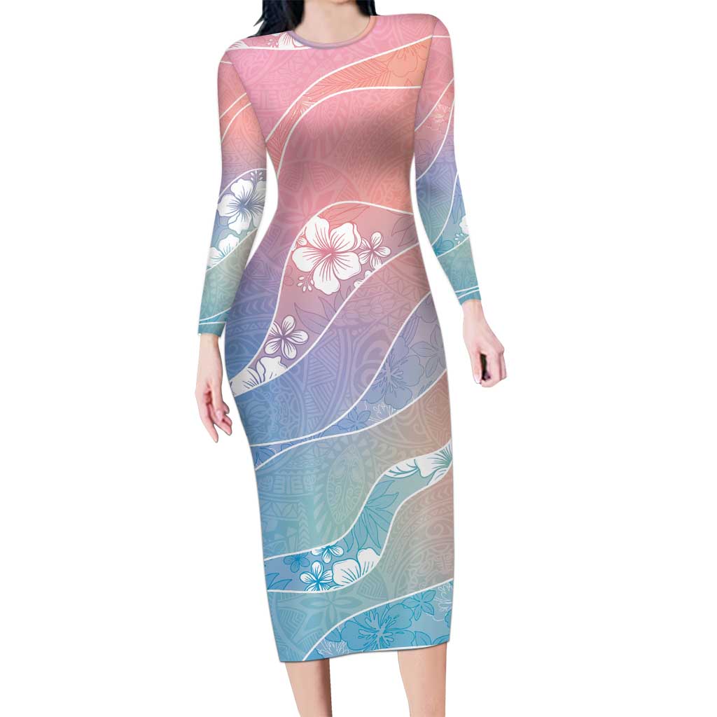 Aloha Hawaii Floral Tapa Long Sleeve Bodycon Dress Patchwork Pastel Candy LT7 Long Dress Pastel - Polynesian Pride